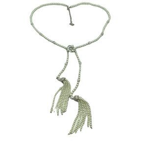 Faux Pearl Tasseled Crystal Beaded Necklace Womens White Silver Tone Rhinestone